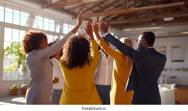 Diverse Team of Business Professionals Celebrate Success with High Five