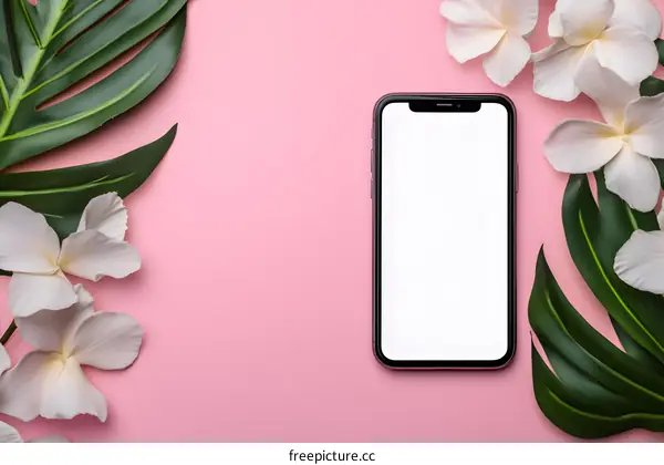 Mockup of a White Screen Phone with Tropical Flowers and Leaves