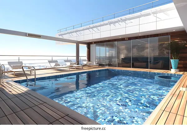 Modern Rooftop Pool with Glass Walls and Loungers