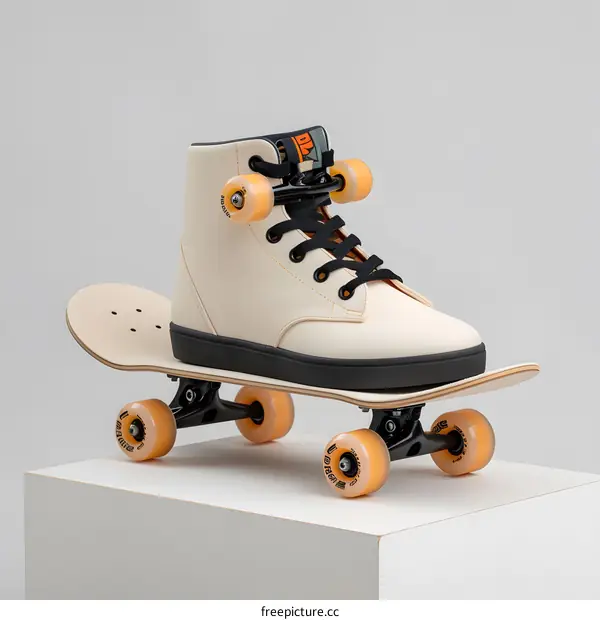 A unique pair of shoes with built-in roller-skates.