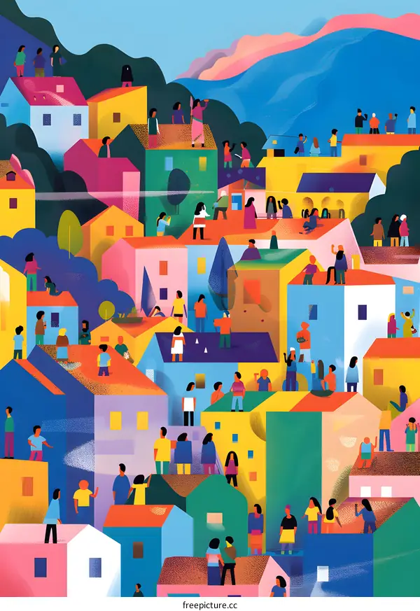 Colorful Illustration of a Diverse Community in a City