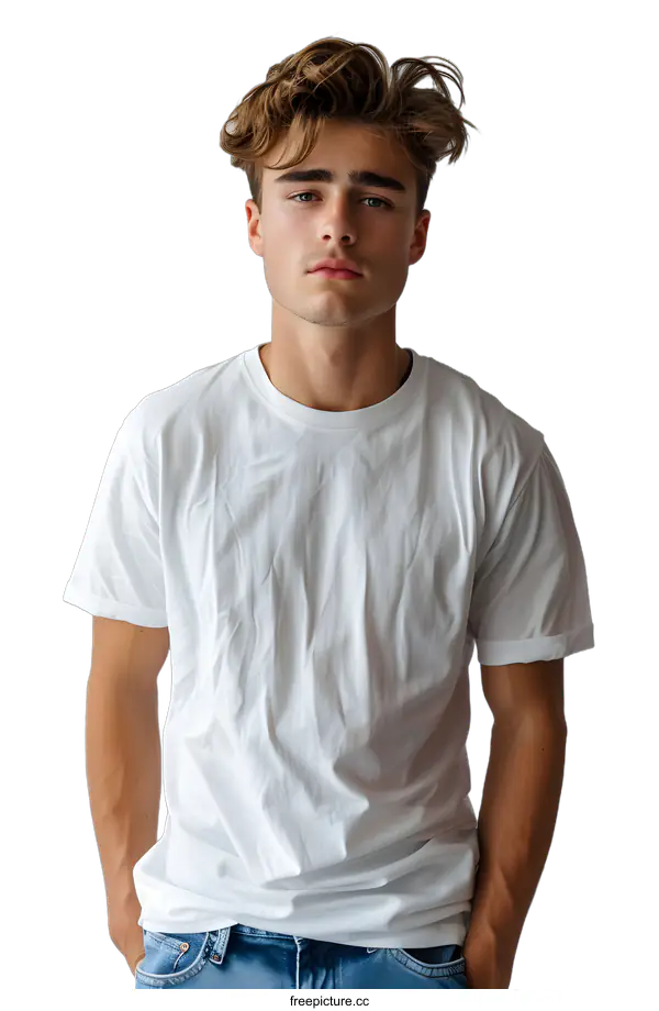 [Transparent Background PNG]Portrait of a Young Man Wearing White T-shirt