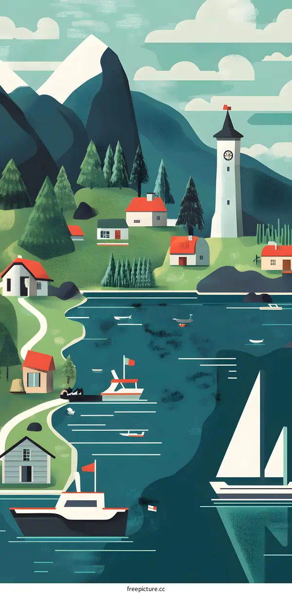 Charming Coastal Town Illustration with Boats and Mountains