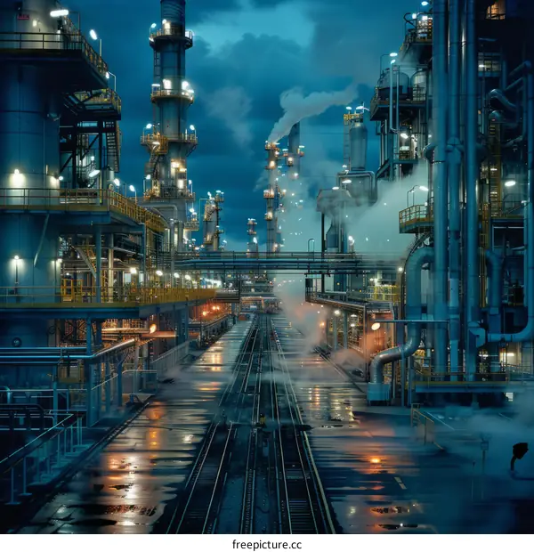 An illuminated oil refinery at dusk