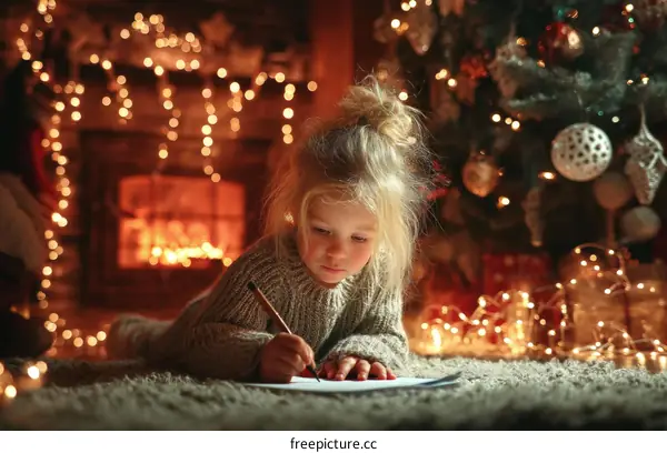Little Girl Writing Christmas Letter by Fireplace