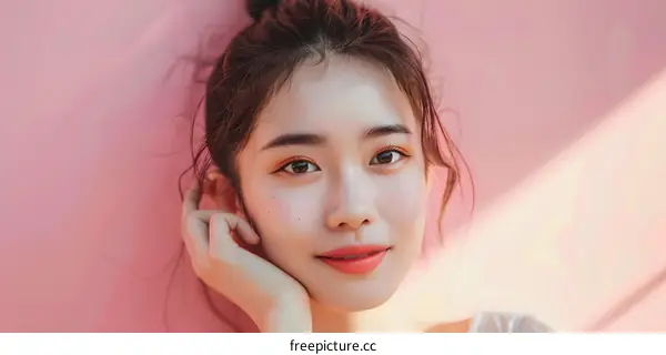 Close Up Portrait of a Young Asian Woman with Freckles Against a Pink Background