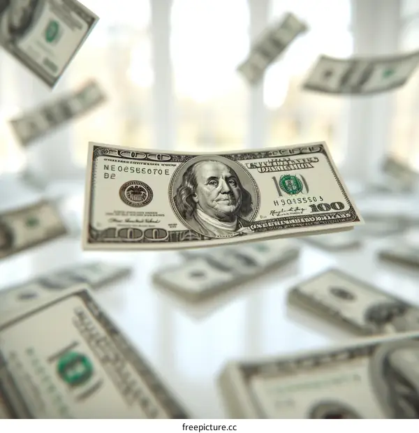 One hundred dollar bills falling from the sky