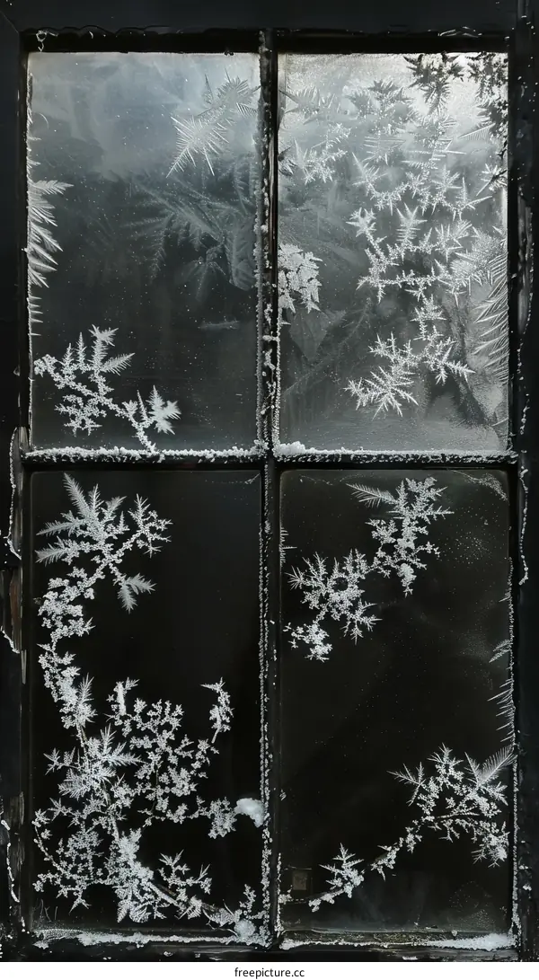 Black wooden framed window covered in intricate frost patterns