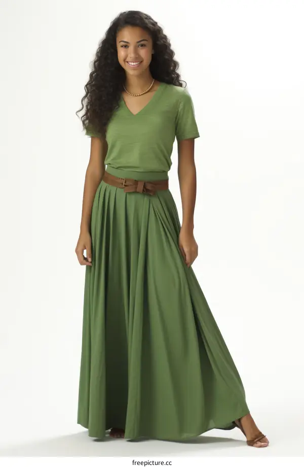 A young woman of African-American descent is wearing a green maxi skirt and a green shirt with a brown belt.