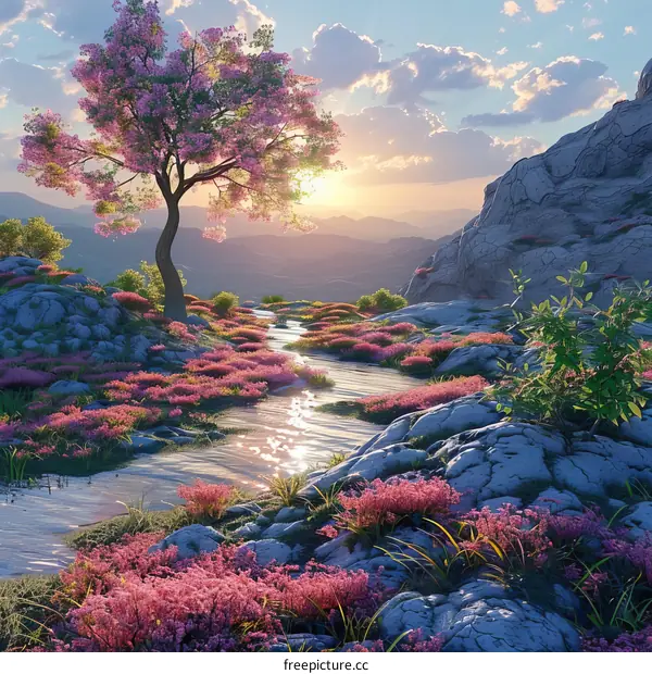 Peaceful Spring Stream Flowing Through The Mountains