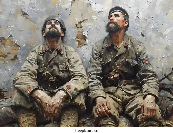 Two soldiers are sitting with their heads looking up
