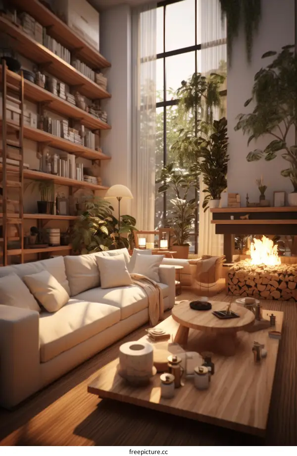 Cozy minimalist living room interior with fireplace and large windows