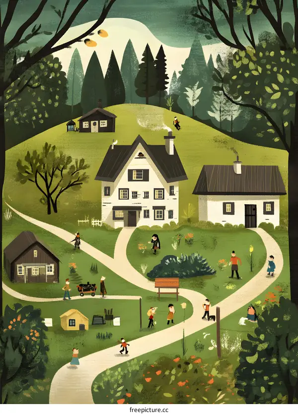 Charming Village Landscape With People Walking On Path