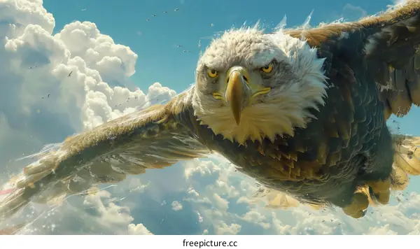 A majestic bald eagle soars through the sky