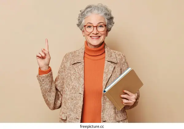 Smiling Senior Woman Pointing with Book