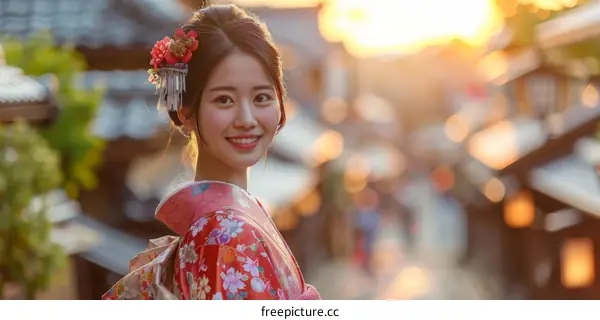 Beautiful Japanese Woman in Traditional Kimono Smiling in the Golden Hour