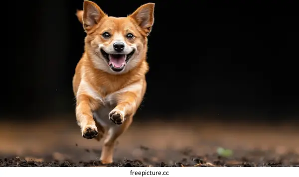 A happy brown dog is running in the forest