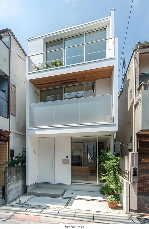 Modern White House With Two Balconies And Glass Doors In Japan