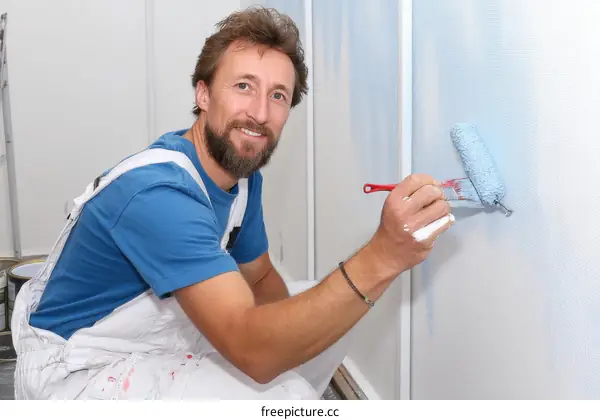 Painter Applying Light Blue Paint to Wall