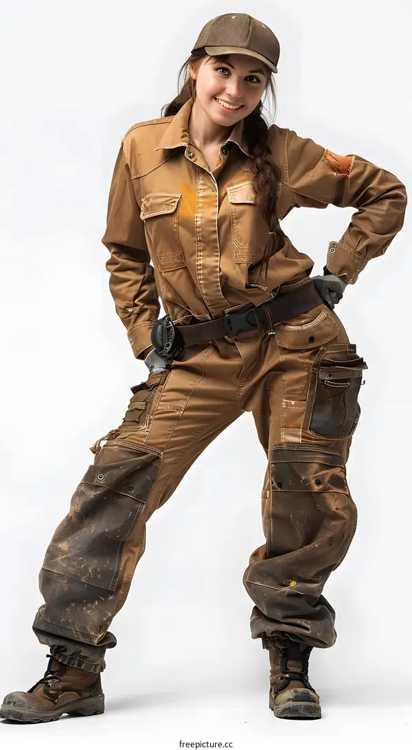 Woman in Dirty Workwear Posing on White Background