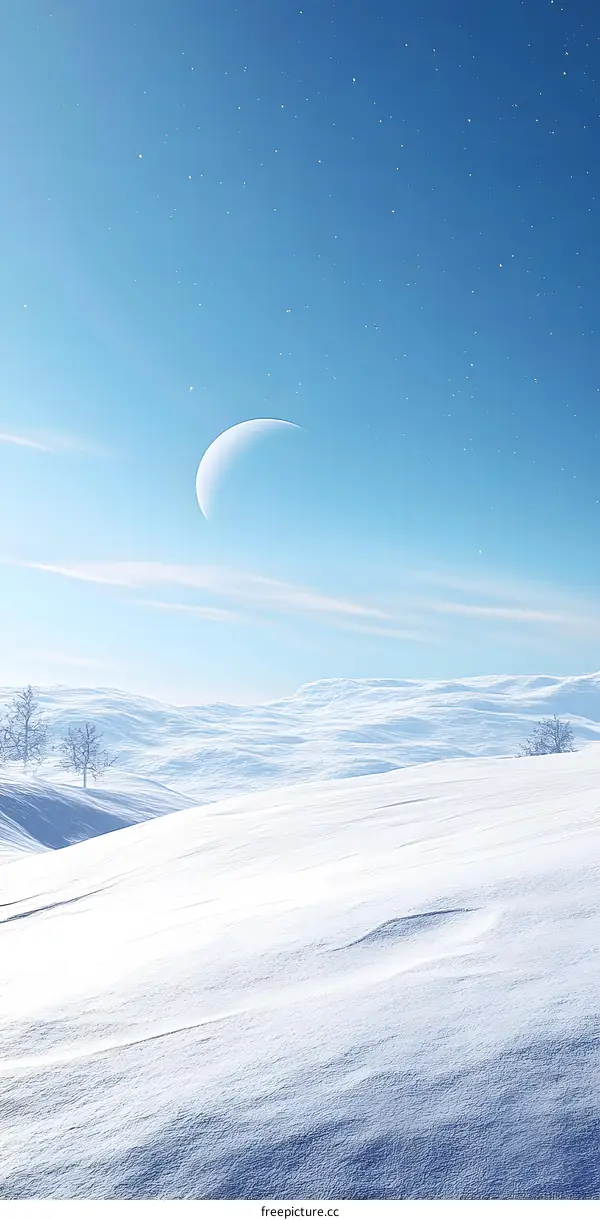 Snowy Winter Landscape with Crescent Moon and Stars