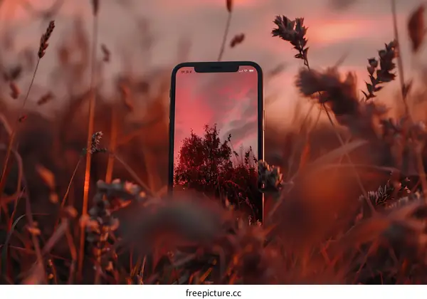 Sunset View Through Phone Screen in Grass Field