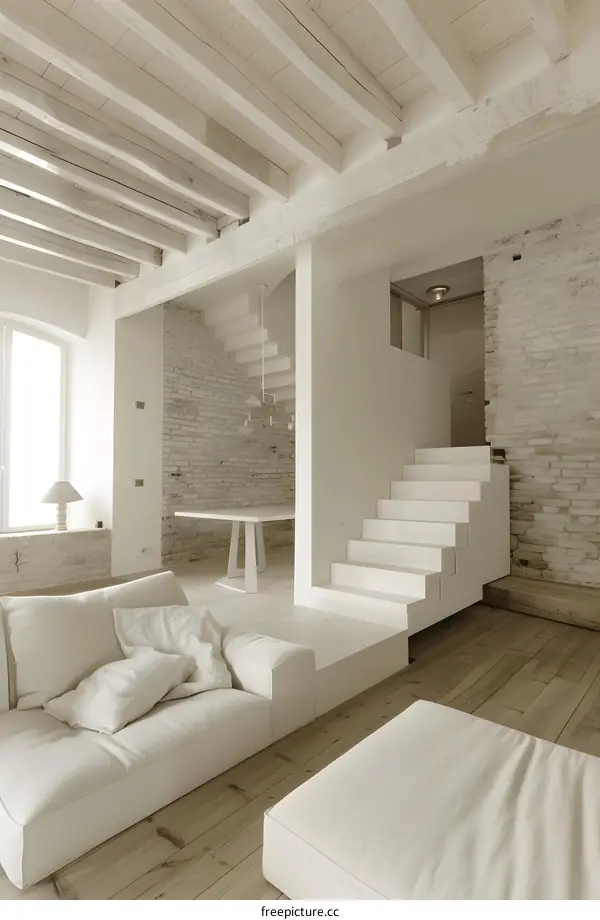 Minimalist White Loft Interior Design With Exposed Brick Wall