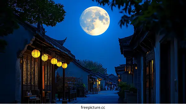 Ancient Chinese Town at Night Under Full Moon