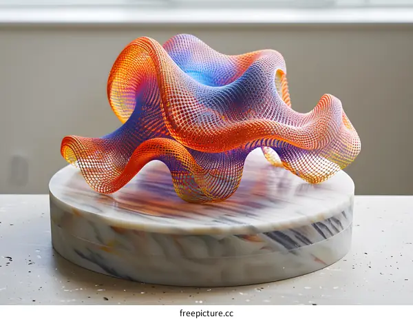 Abstract Colorful Wire Mesh Sculpture on Marble Base