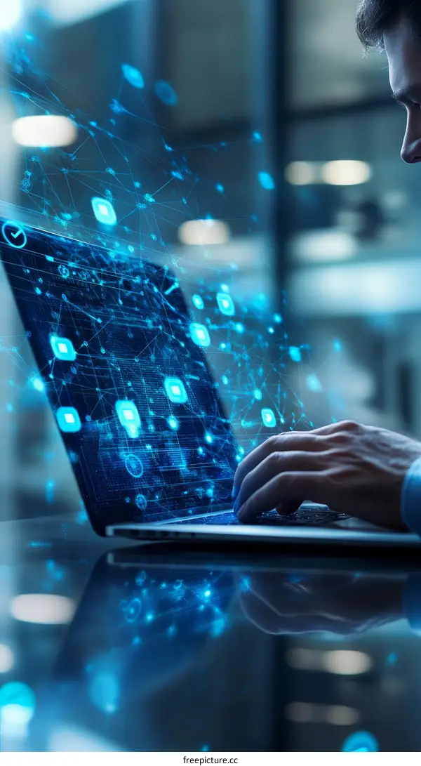 Businessman working on laptop with digital network overlay