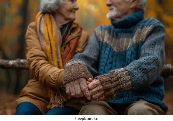 An elderly couple is holding hands in the woods.