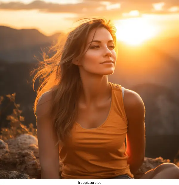 Young woman sitting on a rock and looking at the sunset