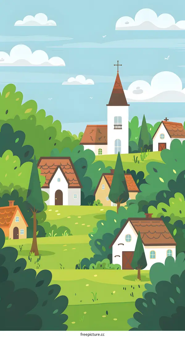 Cartoon Illustration of a Village with a Church in the Background