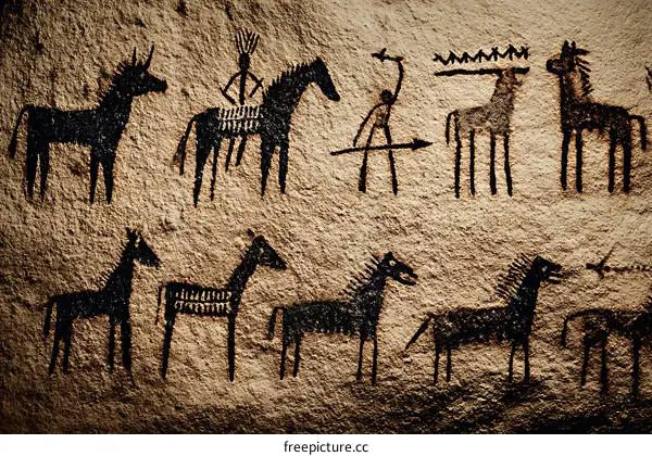 Ancient Cave Paintings of Horses and Hunters