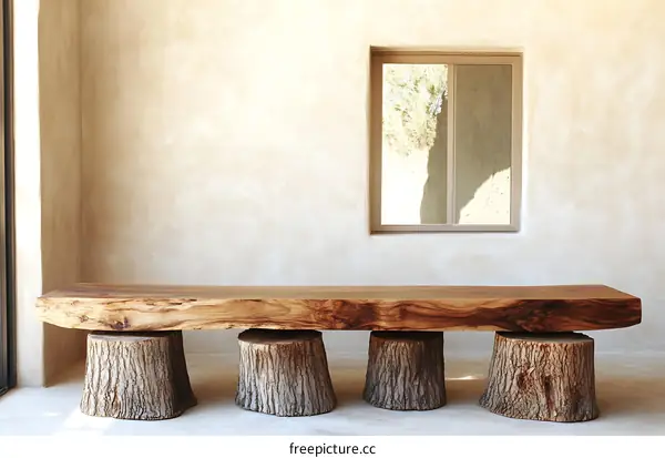 Rustic Wooden Bench with Tree Stump Supports