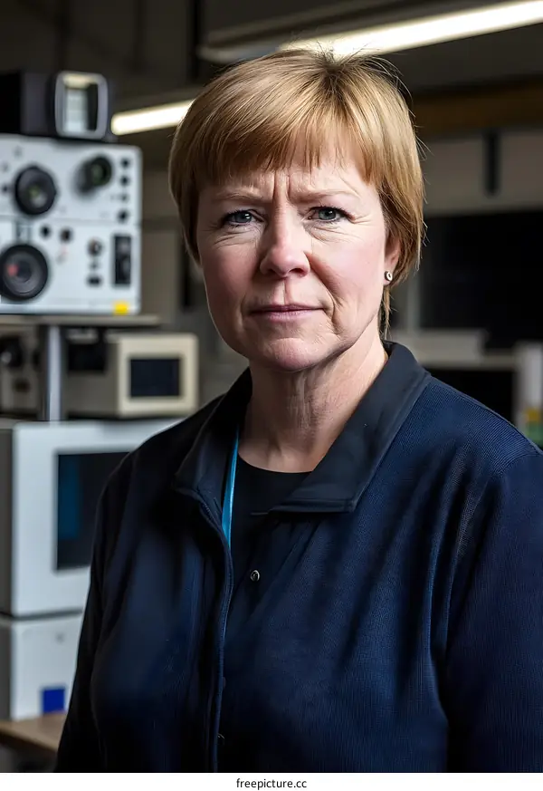 Portrait of a Woman in a Blue Jacket Standing in a Workshop