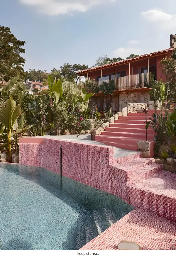 Pink Tiled Swimming Pool and Steps Leading to a Villa