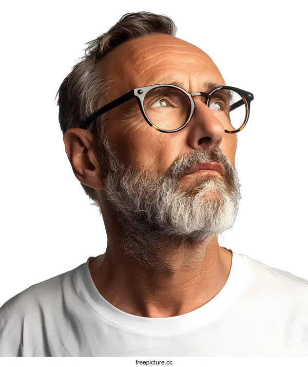 [Transparent Background PNG]Close up Portrait of a Man with Grey Hair and Beard Wearing Round Glasses