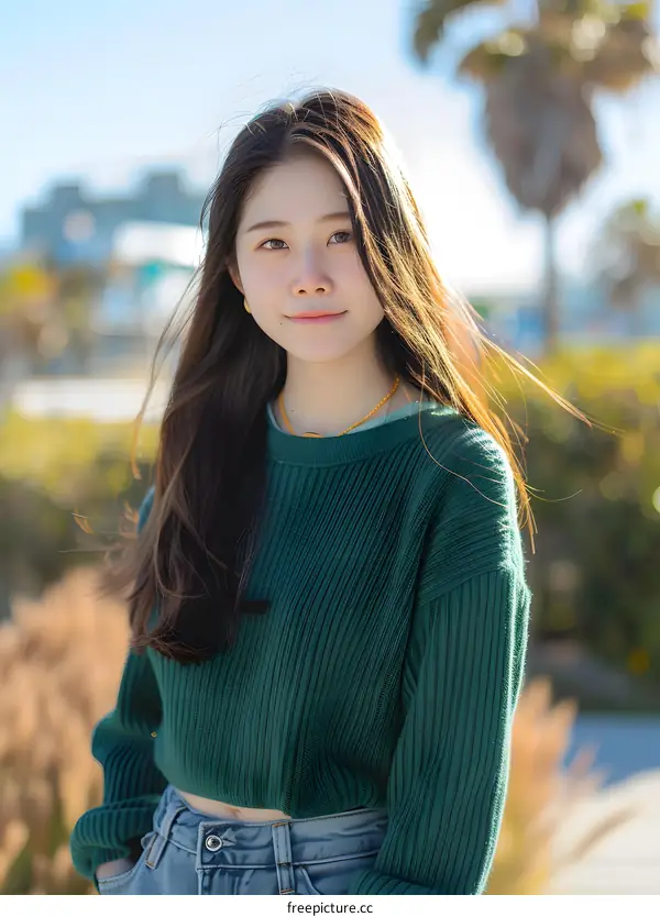 Portrait of a Young Asian Woman with Long Black Hair Wearing a Green Sweater