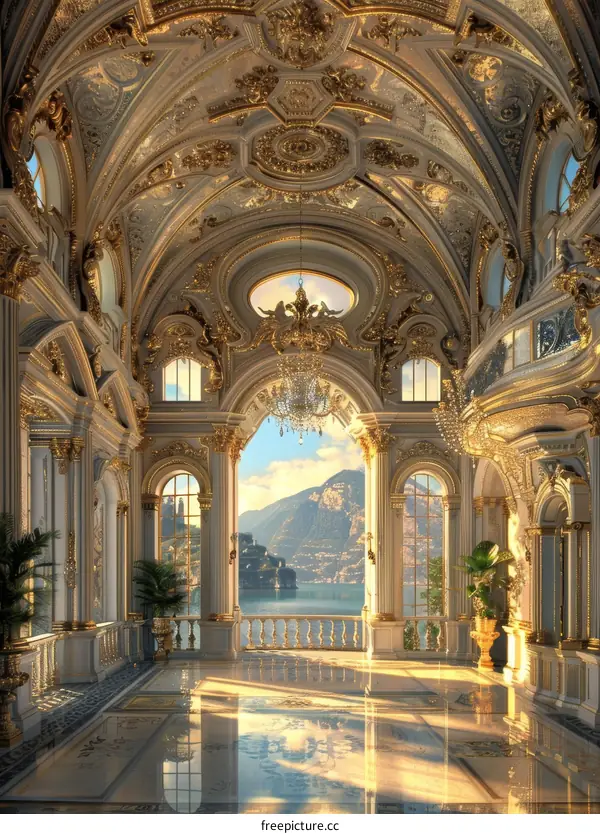 Ornate Ballroom with Lake and Mountain Views