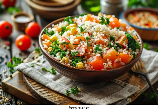 Bulgur Salad with Cherry Tomatoes, Corn, and Broccoli