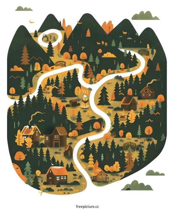 Autumn Forest Landscape With Winding Road And Small Houses