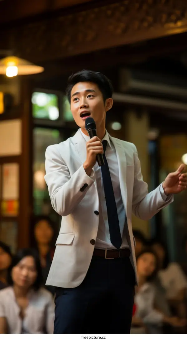 A young male politician giving a speech in front of a crowd