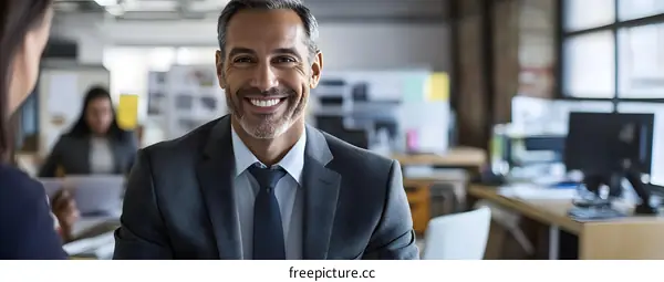 Smiling Businessman Wearing A Suit In An Office