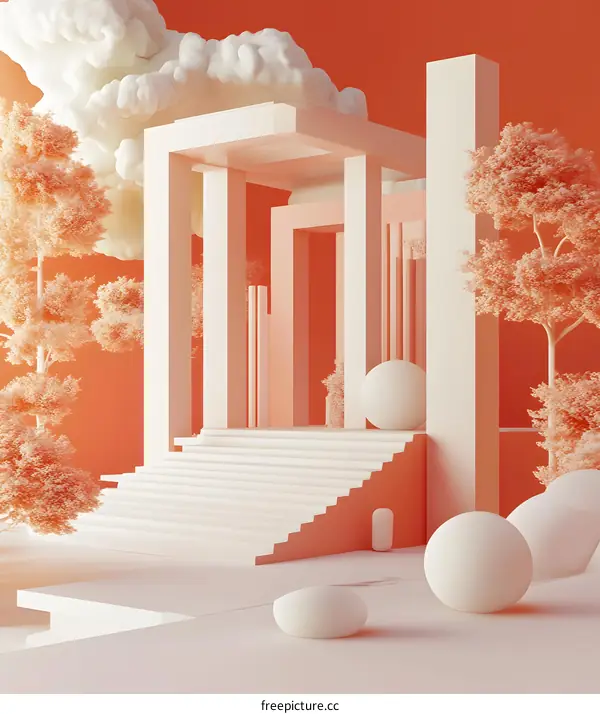 Minimalist 3D Illustration of a White Structure with Orange Background