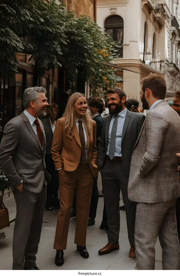 Group of People in Suits Laughing Outside in the City