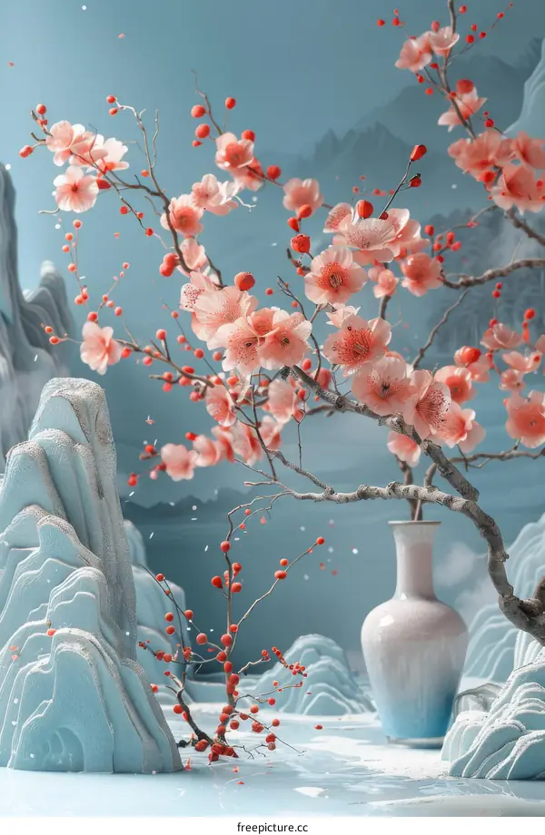 Peach Blossom Artistic Still Life in Winter Landscape