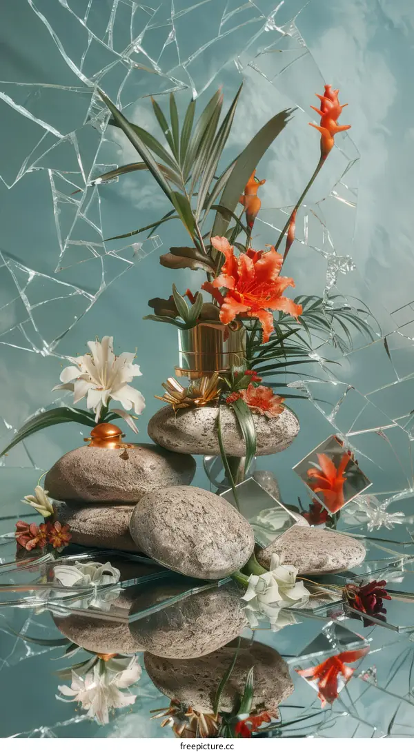 Still Life: Orange and White Flowers in a Mirrored Vase