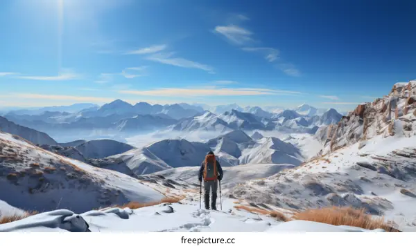 A Solitary Hiker Ventures into a Snow-Covered Mountainous Landscape