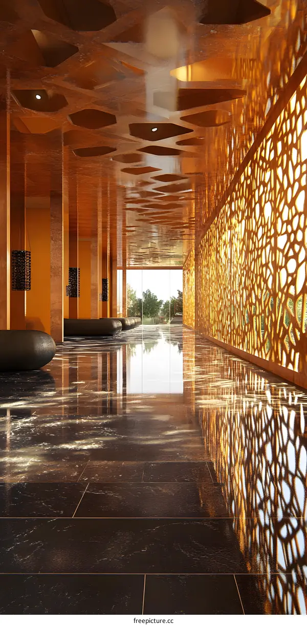 Modern Architecture Interior With Patterned Ceiling and Walls